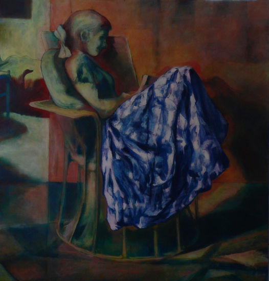 falda azul Oil Panel Figure Painting