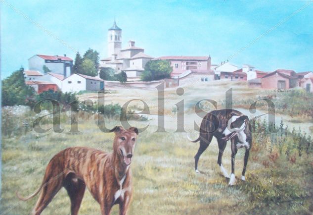 galgos y cabanillas del campo Óleo Lienzo Paisaje