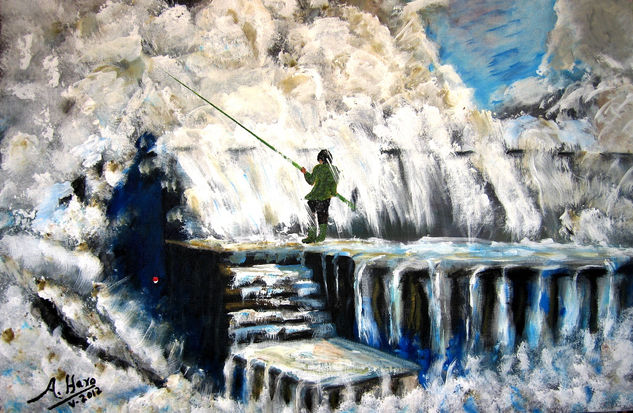 Pescando en el espigón Acrylic Canvas Marine Painting