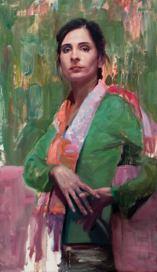 Mujer sobre fondo verde Oil Canvas Portrait