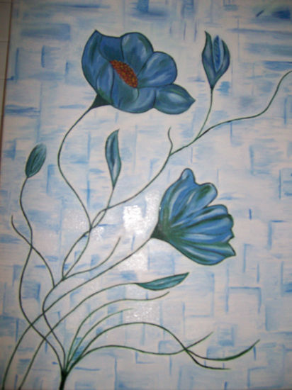 Azul Óleo Lienzo Floral