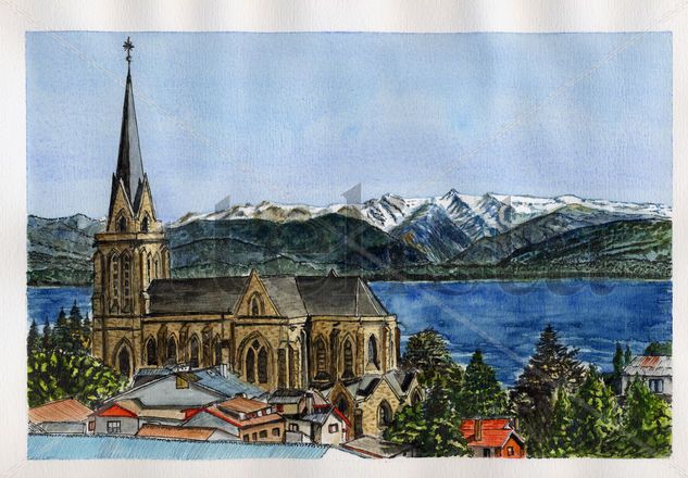 Iglesia Catedral de Bariloche Acuarela Papel Paisaje