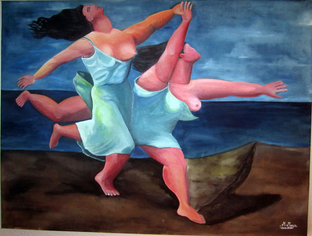 Mujeres corriendo en la playa Oil Canvas Portrait