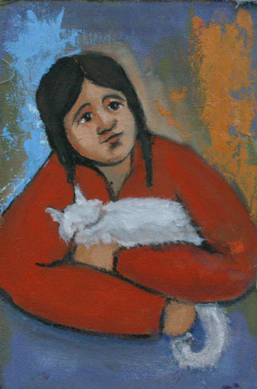 cholita con gato Oil Canvas Portrait