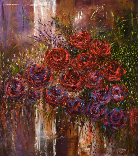 Entre rojos y azules Acrylic Panel Floral Painting