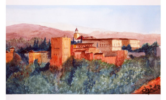 Atardecer Alhambra Acuarela Papel Paisaje