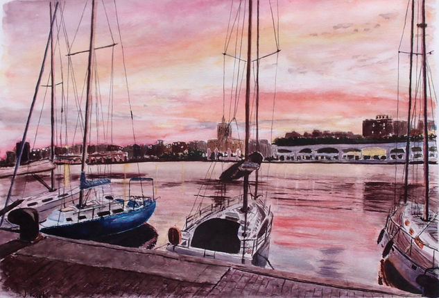 atardeceres rojos Watercolour Canvas Marine Painting