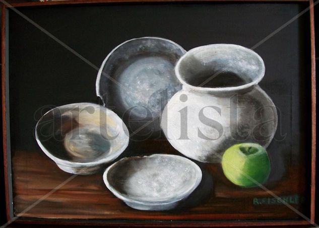 VASIJAS Y MANZANA Mixed media Canvas Still Life Paintings