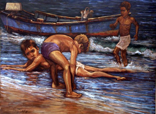 Baño en la playita Oil Canvas Figure Painting