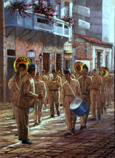 Banda de Musica en las Mercedes Oil Canvas Figure Painting