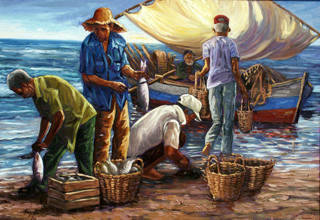 Pescadores en la Playita Óleo Lienzo Figura