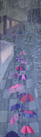 Caminando por el barrio bajo la lluvia Oil Canvas Landscaping