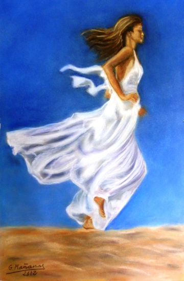 Corriendo por la playa. Pastel Paper Figure Painting