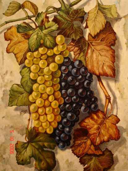 UVAS SOBRE PARED ENCALADA Oil Panel Still Life Paintings