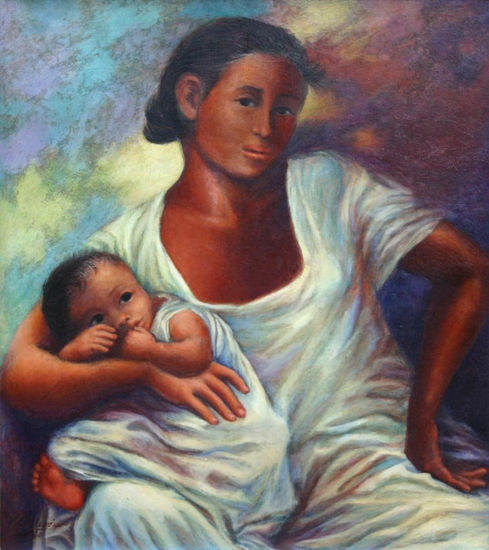 " MATERNIDAD " Oil Textile Figure Painting