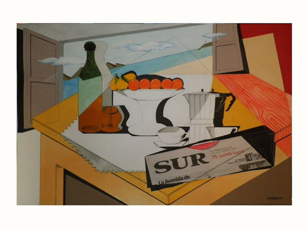 Bodegón cubista con periódico