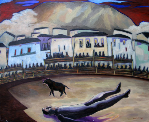 Toros de Pueblo La Cojida Oil Canvas Animals