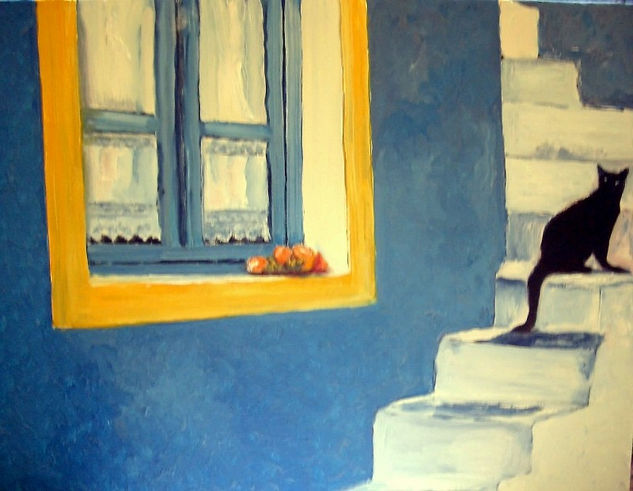 gato sentado en la escalera de Santorini Oil Canvas Animals