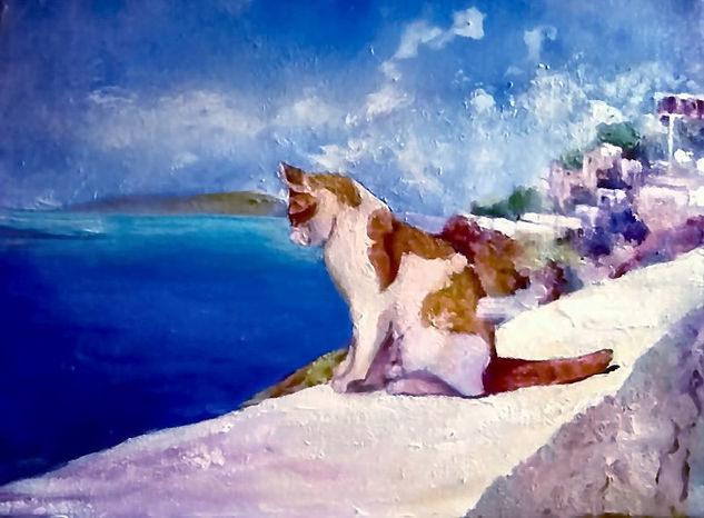 Gato mirando el mar Oil Canvas Animals