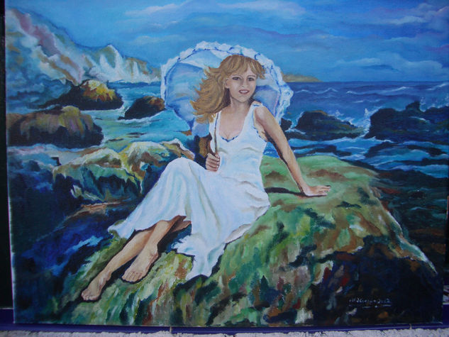 ANA PILAR JUNTO AL MAR Óleo Lienzo Retrato