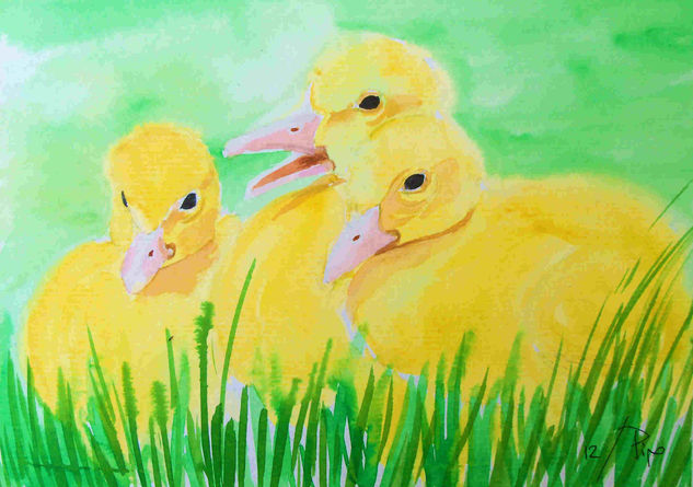 tres patitos Acuarela Papel Animales