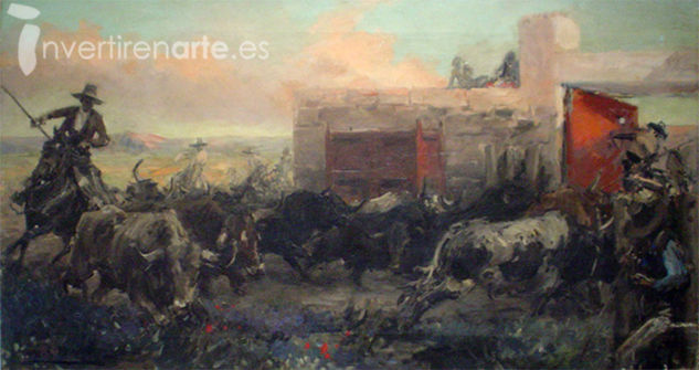 Encierro al atardecer Oil Canvas Animals