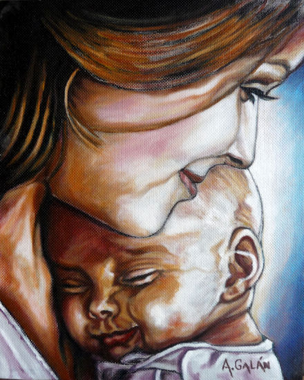 Maternidad feliz Oil Panel Figure Painting