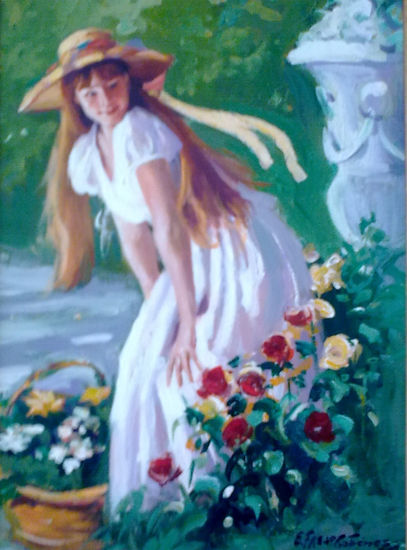 JARDINES CON FLORES Oil Panel Floral Painting