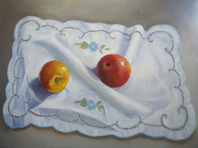 MANZANAS CON PAÑITO Oil Panel Still Life Paintings