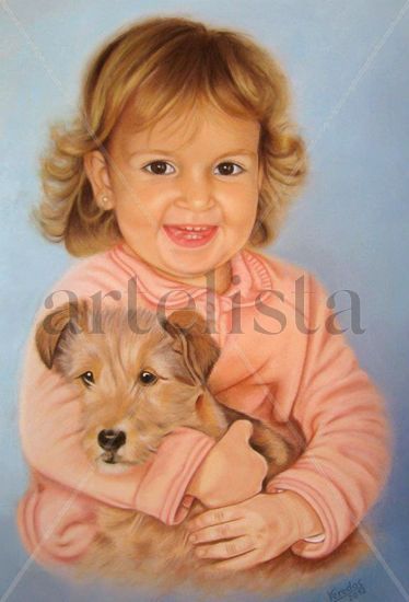 Niña con su mascota Pastel Papel Retrato