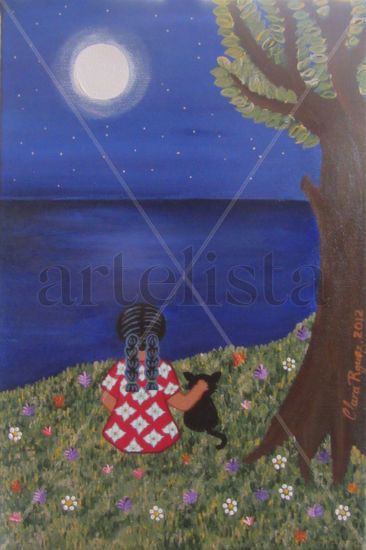 La niña, el gato y la luna Acrylic Canvas Landscaping