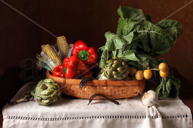 Bodegón de cestón con hortalizas Still lifes Alternative techniques