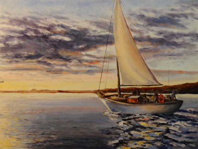 Velero y atardecer Oil Canvas Marine Painting