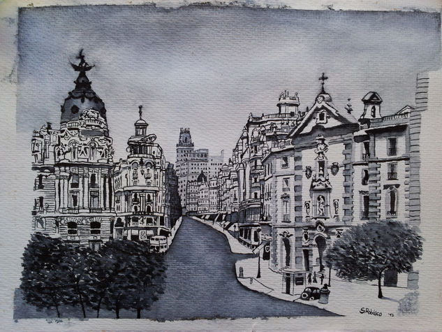 La Gran Vía a principios del siglo XX Acuarela Papel Paisaje