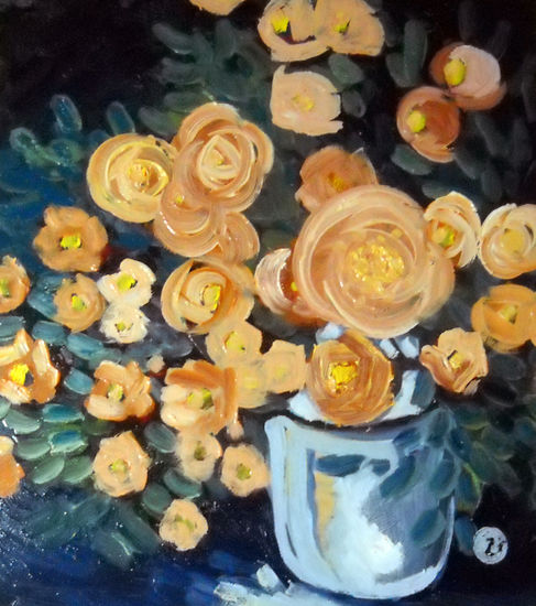 Florero con rosas amarillas Oil Panel Floral Painting