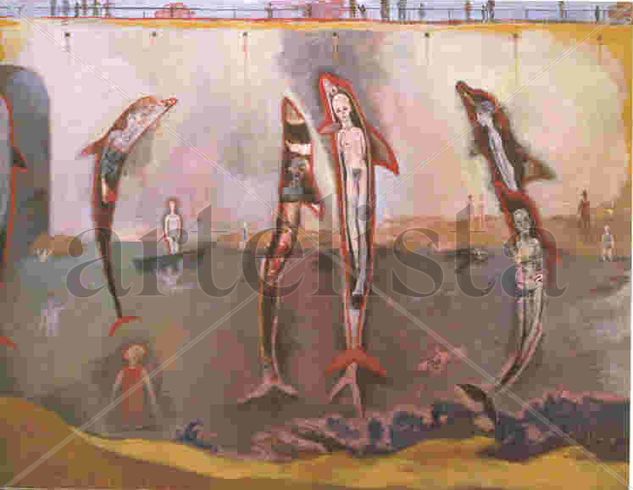 "Delfines junto a un puente" Oil Others Figure Painting