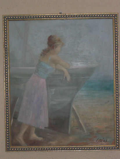 mujer con barco Oil Canvas Landscaping