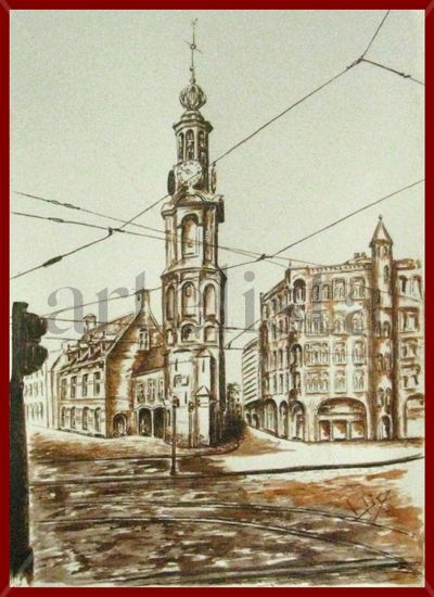 Munttoren (torre de la moneda) Holanda Tinta Papel Paisaje