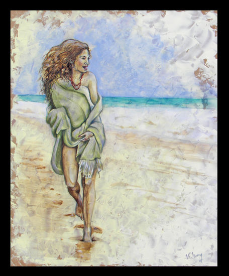 En la playa Oil Panel Marine Painting