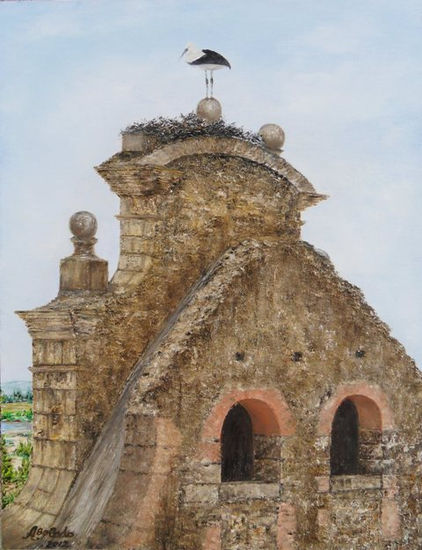 Nido de cigueña (Turègano-Segovia) Óleo Tabla Paisaje