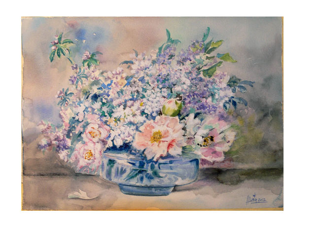 El Jarrón de Flores Rosas y Azul Watercolour Paper Floral Painting