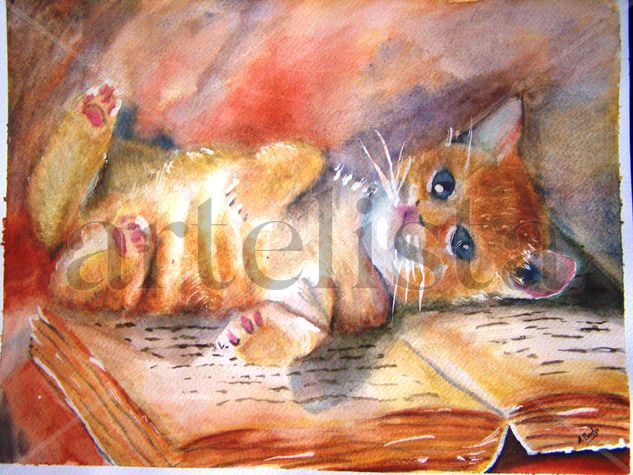 Gatito jugando con libro Watercolour Paper Animals