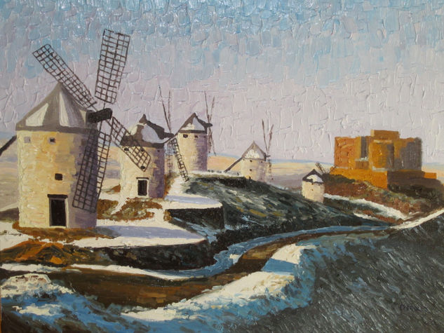 Consuegra con nieve Óleo Lienzo Paisaje