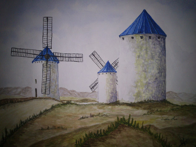 Molinos Acuarela Papel Paisaje