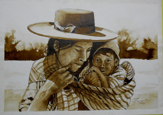 CAMPESINA CON HIJO Técnica Mixta