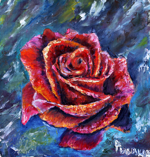 Flower Oil Knife painting Red ROSE. Oil Canvas Floral Painting