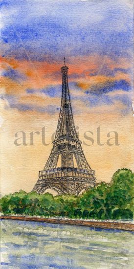 La torre Eiffel atardecer. Acuarela Papel Paisaje