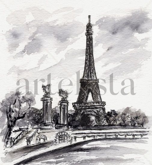 Torre Eiffel monocolor. Acuarela Papel Paisaje