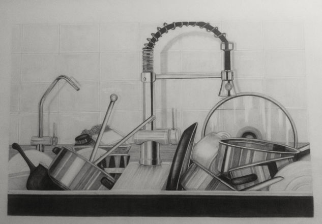 Cacharros en la cocina Pencil (Black) Paper Still Life Paintings