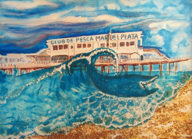 Muelle del club de Pesca Mixed media Canvas Marine Painting